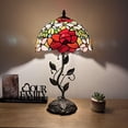 thumbnail image 1 of Tiffany Table Lamp Red Orange Stained Glass Rose Flowers Iron Metal Leaves Bronze Base Included LED Bulb for Living Room Dining Room Bedroom Bedside 12"W*12"D*22"H, 1 of 5