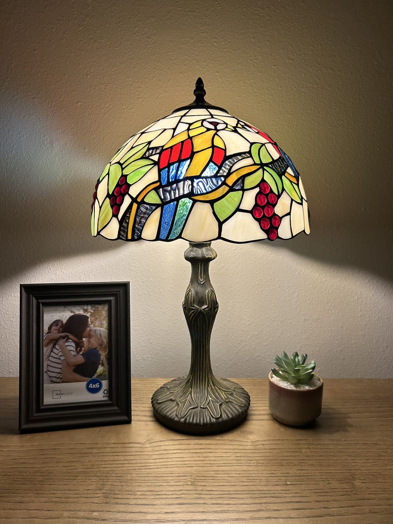 Tiffany Style Bronze Stained Glass Table Lamp with Parrot Design