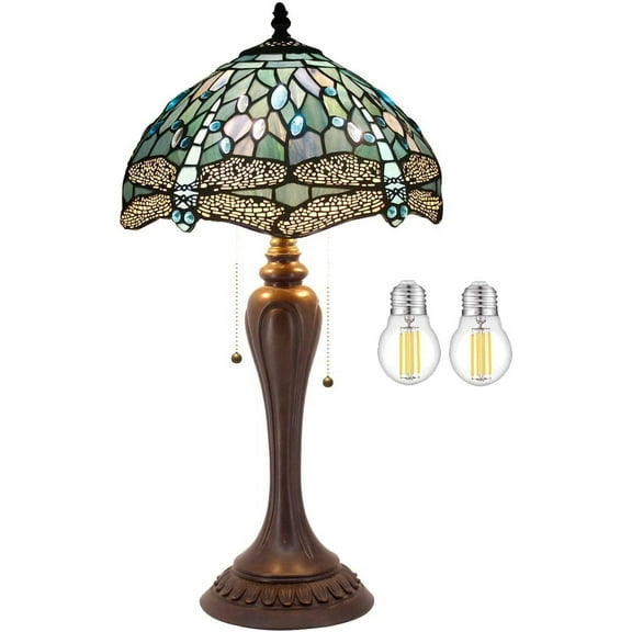 Tiffany Table Lamp Sea Blue Stained Glass Dragonfly Style Teal Shade Resin Base 22" Tall Antique Bedside Desk Light Lover Living Bedroom Farmhouse Memory Lamps Sympathy WERFACTORY Led Bulb Included