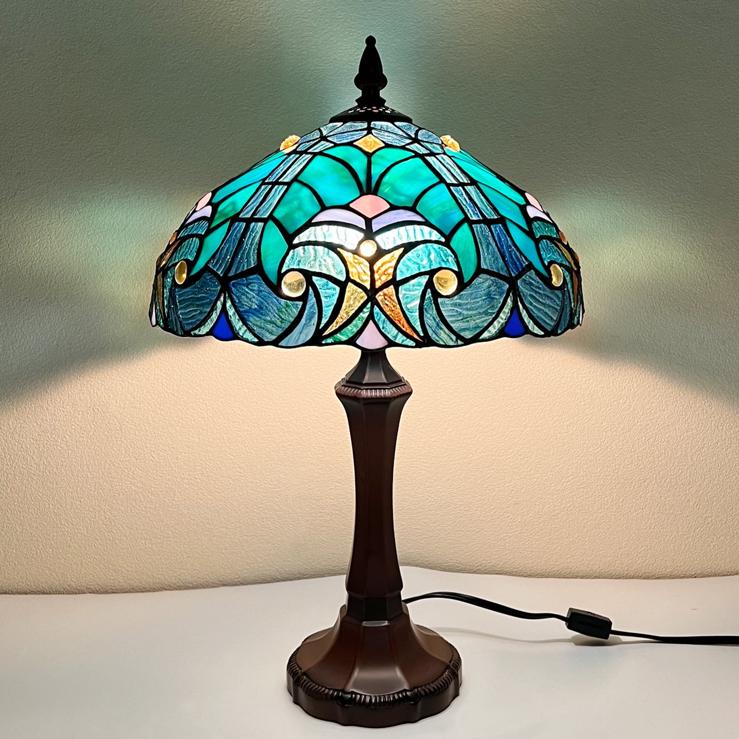 Tiffany Table Lamp Sea Green Stained Glass Table Light Antique Style