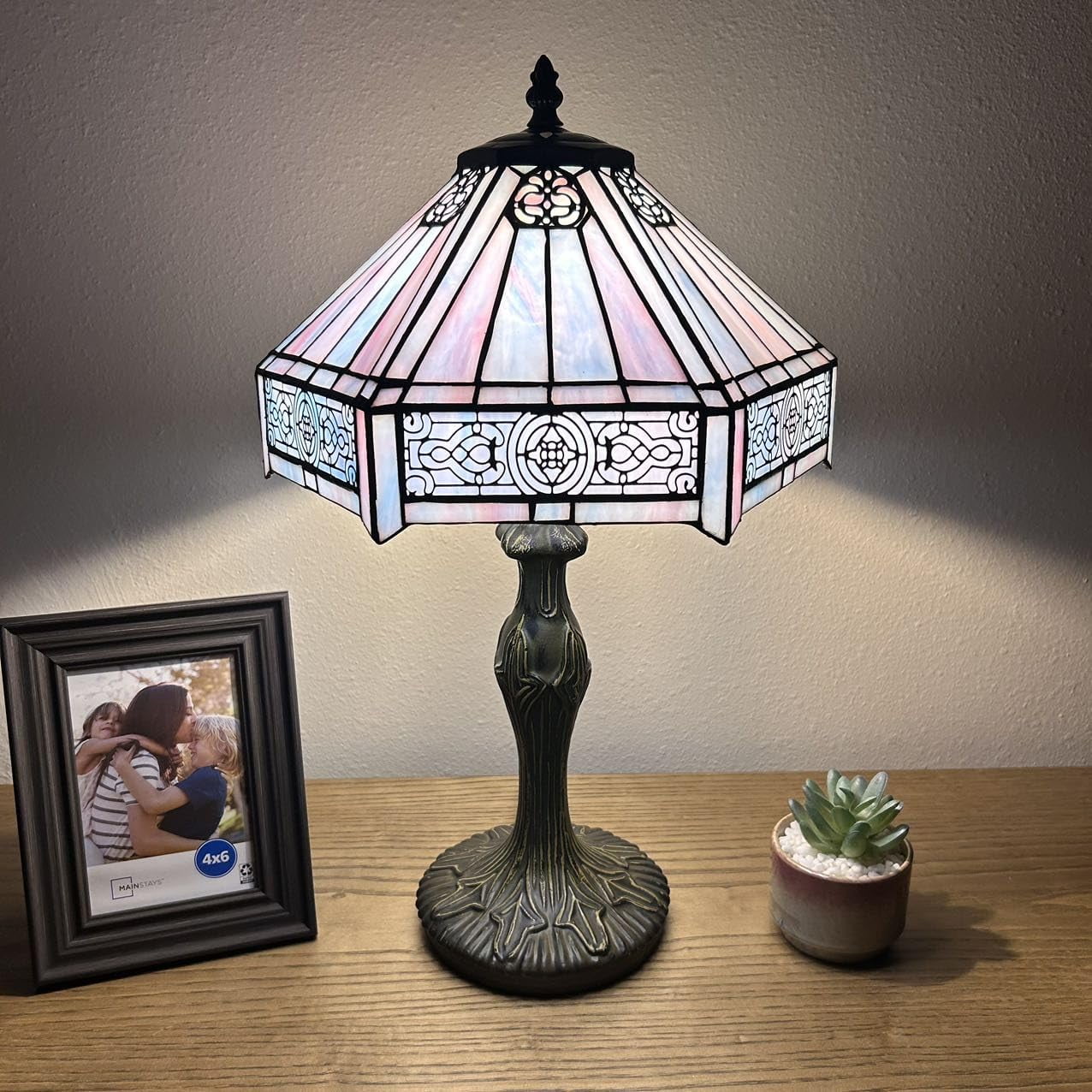 Sky Blue Hexagon Stained Glass Table Lamp with Bronze Base