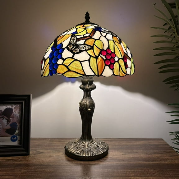 Tiffany Table Lamp Stained Glass Butterfly Grapes Green Leaves For Living Room Bedroom Bedside 12"W*12"D*19"H