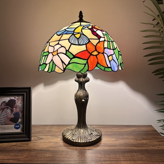 Tiffany Table Lamp Stained Glass Hummingbird Flowers LED Bulb Included For Living Room Bedroom Bedside 12"W*12"D*19"H