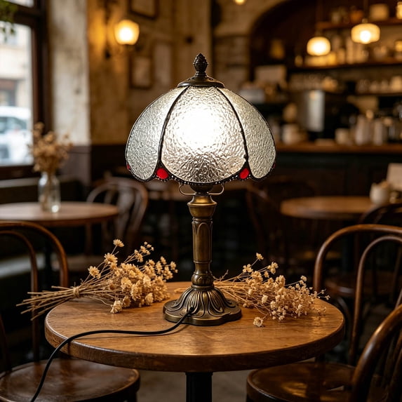 Tiffany Table Lamp, Stained Glass Lamp, Simple European Style,Small Night Light,Durable Bronze Metal Base Eye-Caring Lamp for Bedroom Living Room Office Bedside lamp(7.9*14.2*4.7 in)White