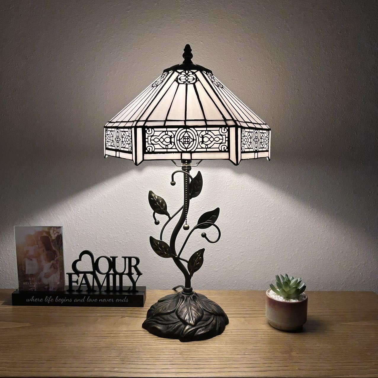 Tiffany Table Lamp White Hexagon Stained Glass Iron Metal Leaves Bronze Base Included LED Bulb for Living Room Dining Room Bedroom Bedside 12"W*12"D*22"H