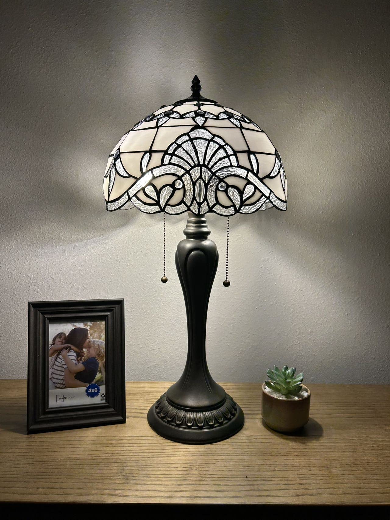 Tiffany Style White Stained Glass Table Lamp with Bronze Base