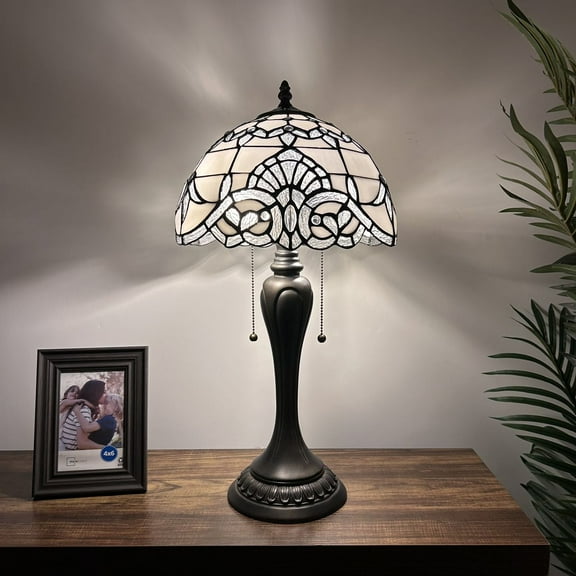 Tiffany Table Lamp White Stained Glass Baroque Style Lavender Bedroom LED Bulbs Included Pull Chain Switches Living Room 12"W*12"D*22"H