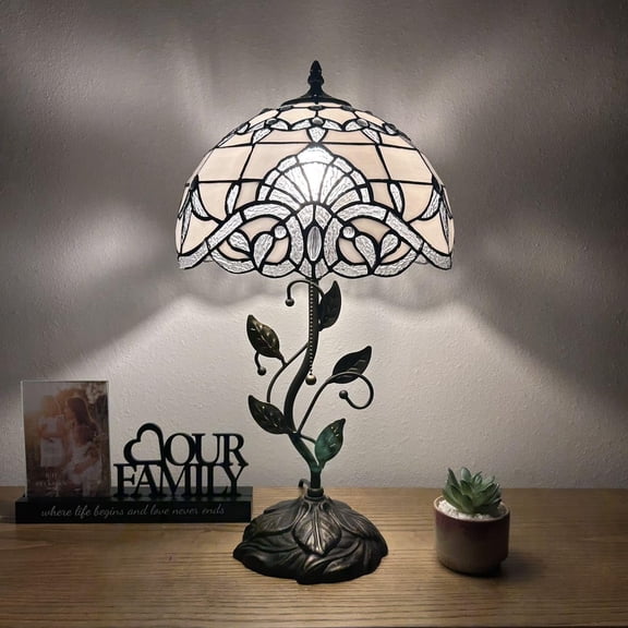 Tiffany Table Lamp White Stained Glass Baroque Style Lavender Iron Metal Leaves Bronze Base Included LED Bulb for Living Room Dining Room Bedroom Bedside 12"W*12"D*22"H