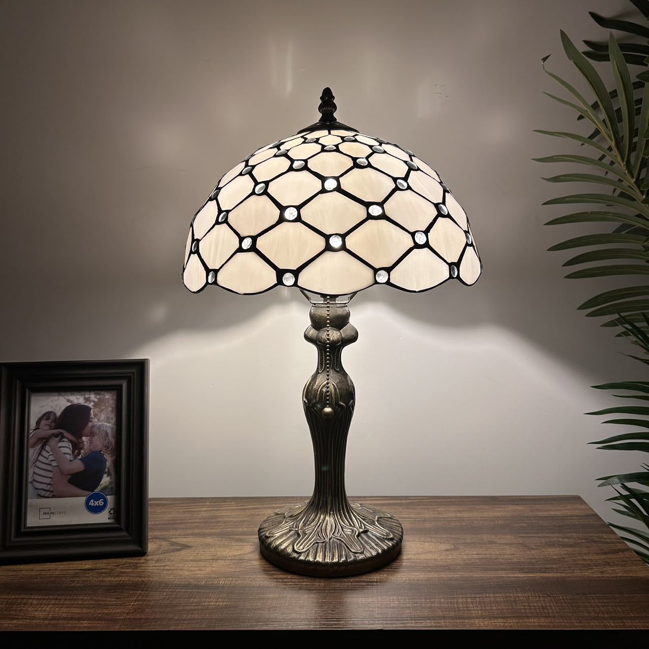White Stained Glass Dome Table Lamp with Antique Bronze Finish