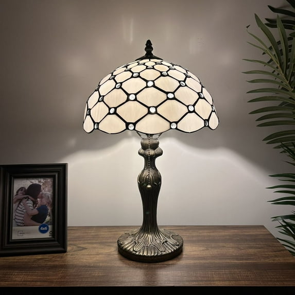 Tiffany Table Lamp White Stained Glass Crystal Beans Included LED Bulb For Living Room Bedroom Bedside Office Hotel 12"W*19"H
