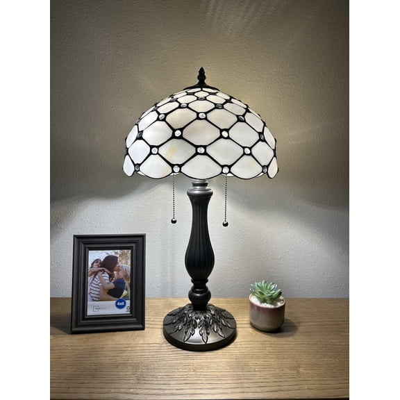Tiffany Table Lamp White Stained Glass Crystal Beans Included LED Bulbs for Living Room Dining Room Bedroom Bedside 12"W*12"D*22"H