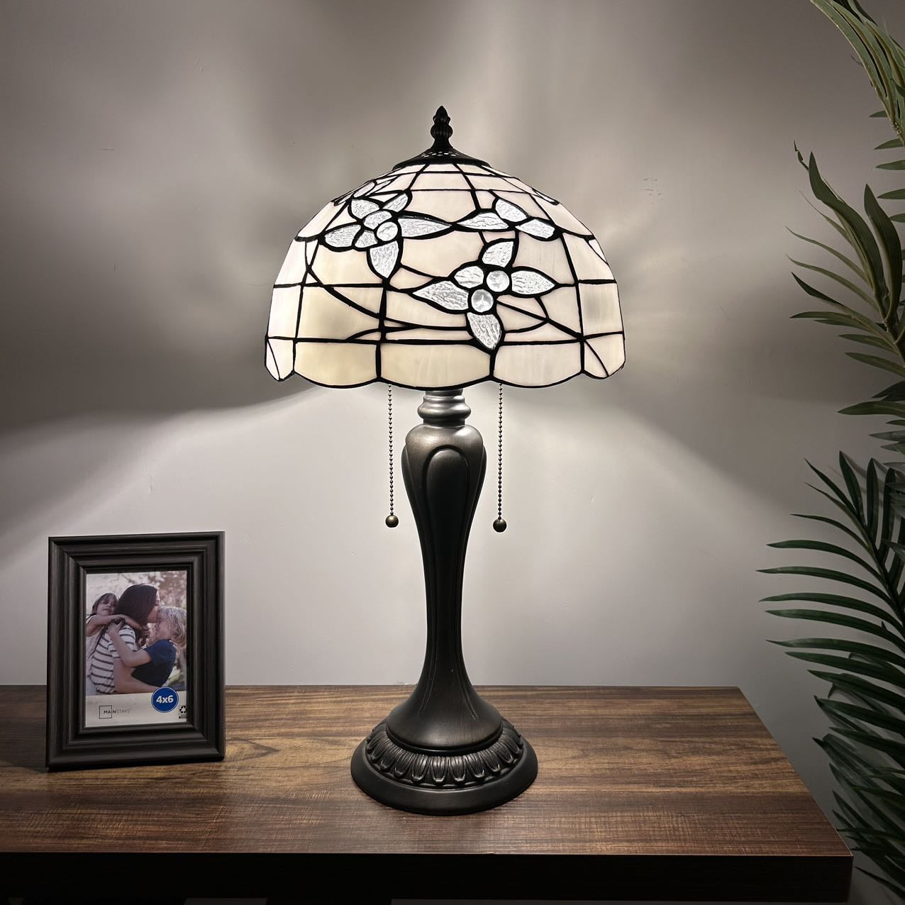 White Stained Glass Tiffany Table Lamp with Bronze Resin Base