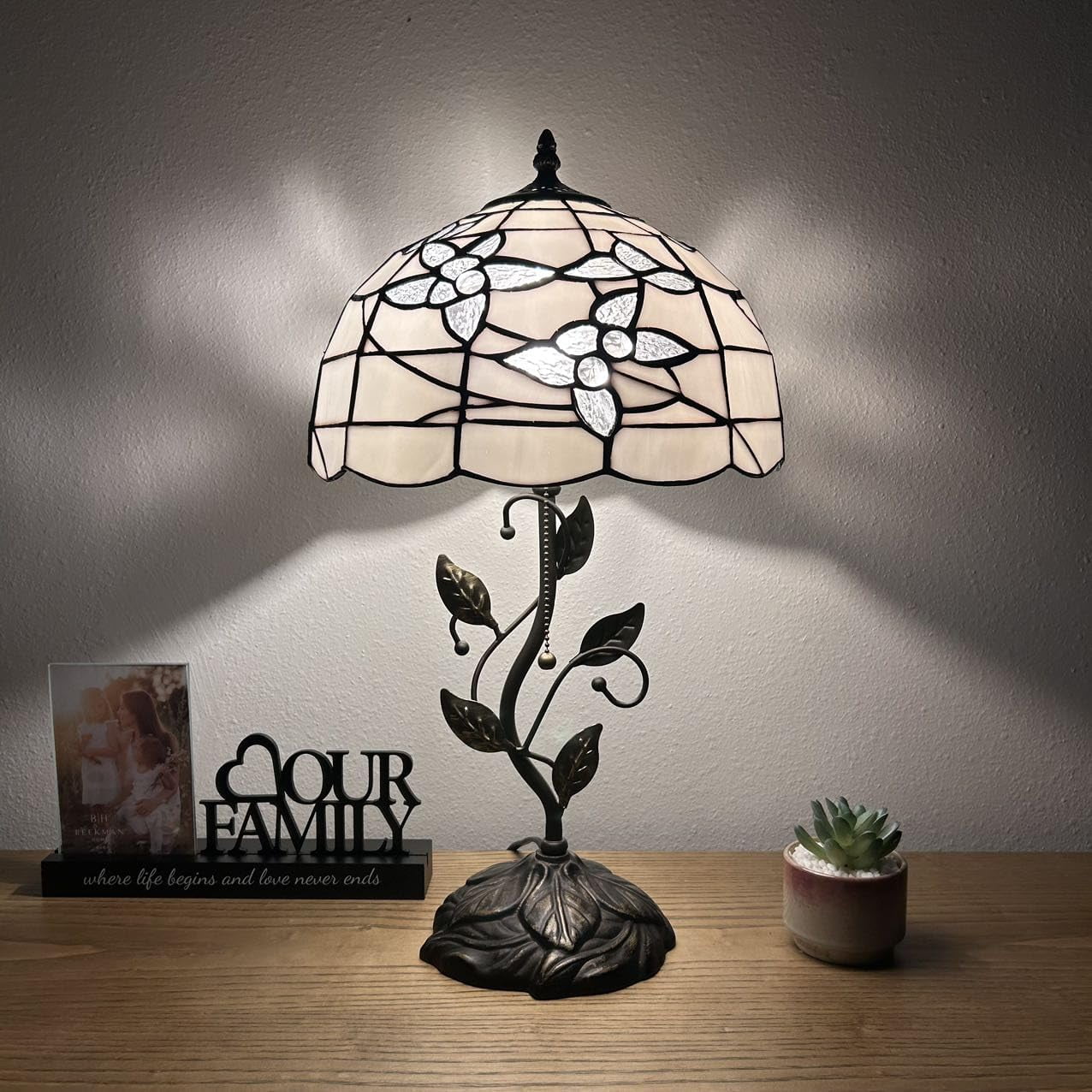 Tiffany Table Lamp White Stained Glass Flowers Iron Metal Leaves Bronze Base Included LED Bulb for Living Room Dining Room Bedroom Bedside 12"W*12"D*22"H