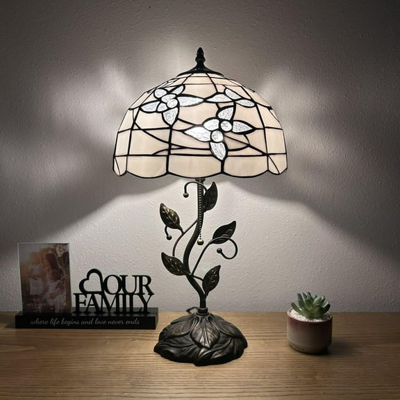 Tiffany Table Lamp White Stained Glass Flowers Iron Metal Leaves Bronze Base Included LED Bulb for Living Room Dining Room Bedroom Bedside 12"W*12"D*22"H