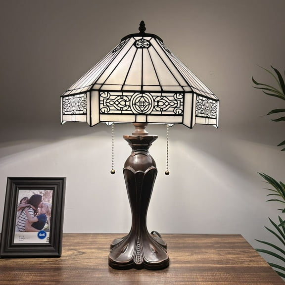 Tiffany Table Lamp White Stained Glass Hexagon LED Bulbs Included for Living Room Dining Room Bedroom Bedside 16"W*16"D*64"H