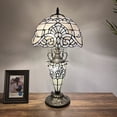 thumbnail image 1 of Tiffany Table Lamp White Stained Glass Shade And Base Baroque Style Lavender LED Bulbs Included for Living Room Bedroom Bedside 12"W*12"D*22"H, 1 of 7