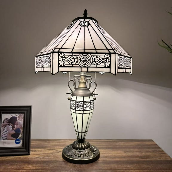 Tiffany Table Lamp White Stained Glass Shade And Base Hexagon LED Bulbs Included for Living Room Bedroom Bedside 16"W*16"D*24"H