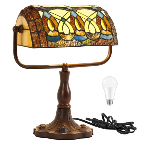 VIXNORYT Vintage Stained Glass Bankers Lamp for Desk, Multicolored Shade, LED Bulb Included