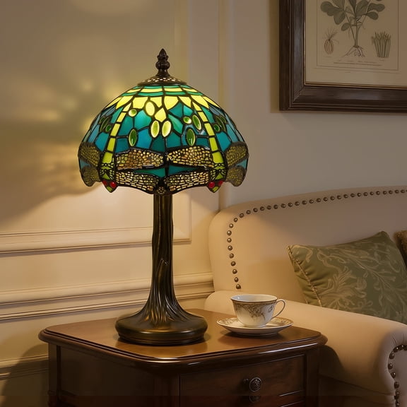 VIXNORYT Tiffany-Style Table Lamp with 8" Stained Glass Shade, LED Bulb, On/Off Switch for Living Room, Bedroom, Home Office