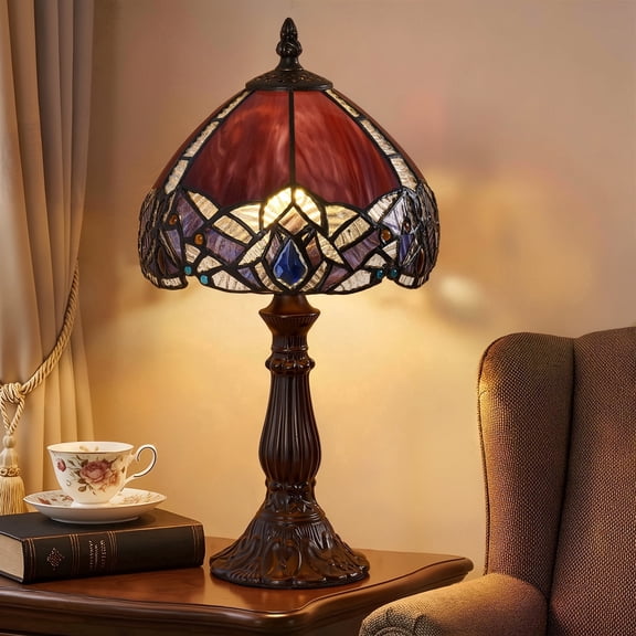 14.3" Stained Glass Table Lamp with LED Bulb – ON/OFF Switch, Handmade Art Deco Lighting for Bedroom, Living Room, Office