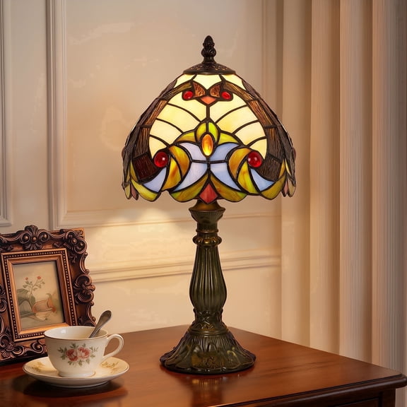 VIXNORYT Tiffany-Style Table Lamp with 8" Stained Glass Shade, LED Bulb Included, Indoor