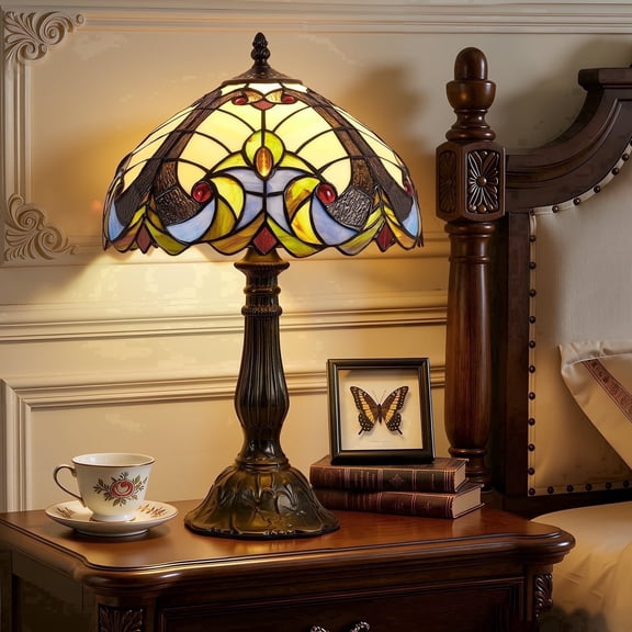 VIXNORYT 17.8" Tiffany-Style Vintage Table Lamp with 12" Stained Glass Shade, LED Bulb Included, On/Off Switch for Living Room Bedroom Home Office