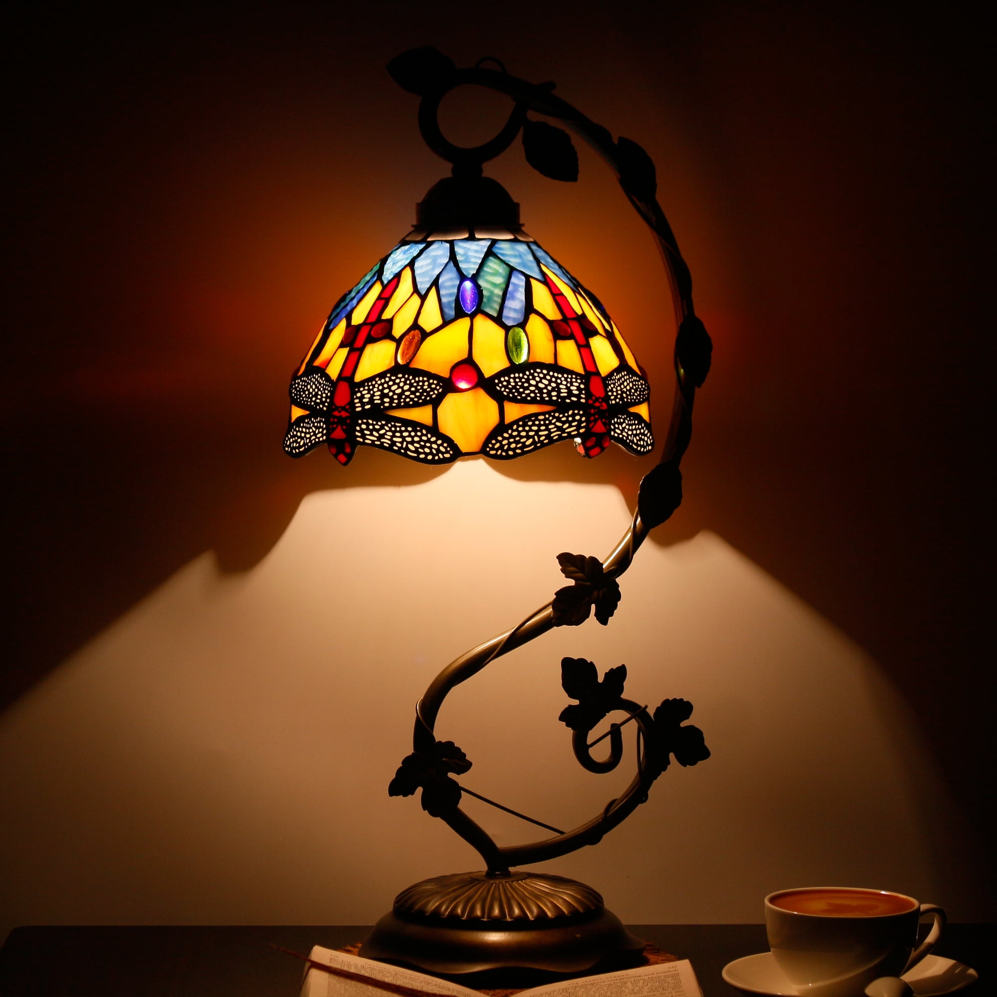 Tiffany Table lamp Banker Stained Glass Lamp, Bedside Lamp Blue Yellow Dragonfly Country Style Desk Light with Metal Leaf Thin Base 21" Tall for Living Bedroom Farmhouse WERFACTORY LED Bulb Included