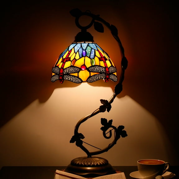 Tiffany Table lamp Banker Stained Glass Lamp, Bedside Lamp Blue Yellow Dragonfly Country Style Desk Light with Metal Leaf Thin Base 21" Tall for Living Bedroom Farmhouse WERFACTORY LED Bulb Included