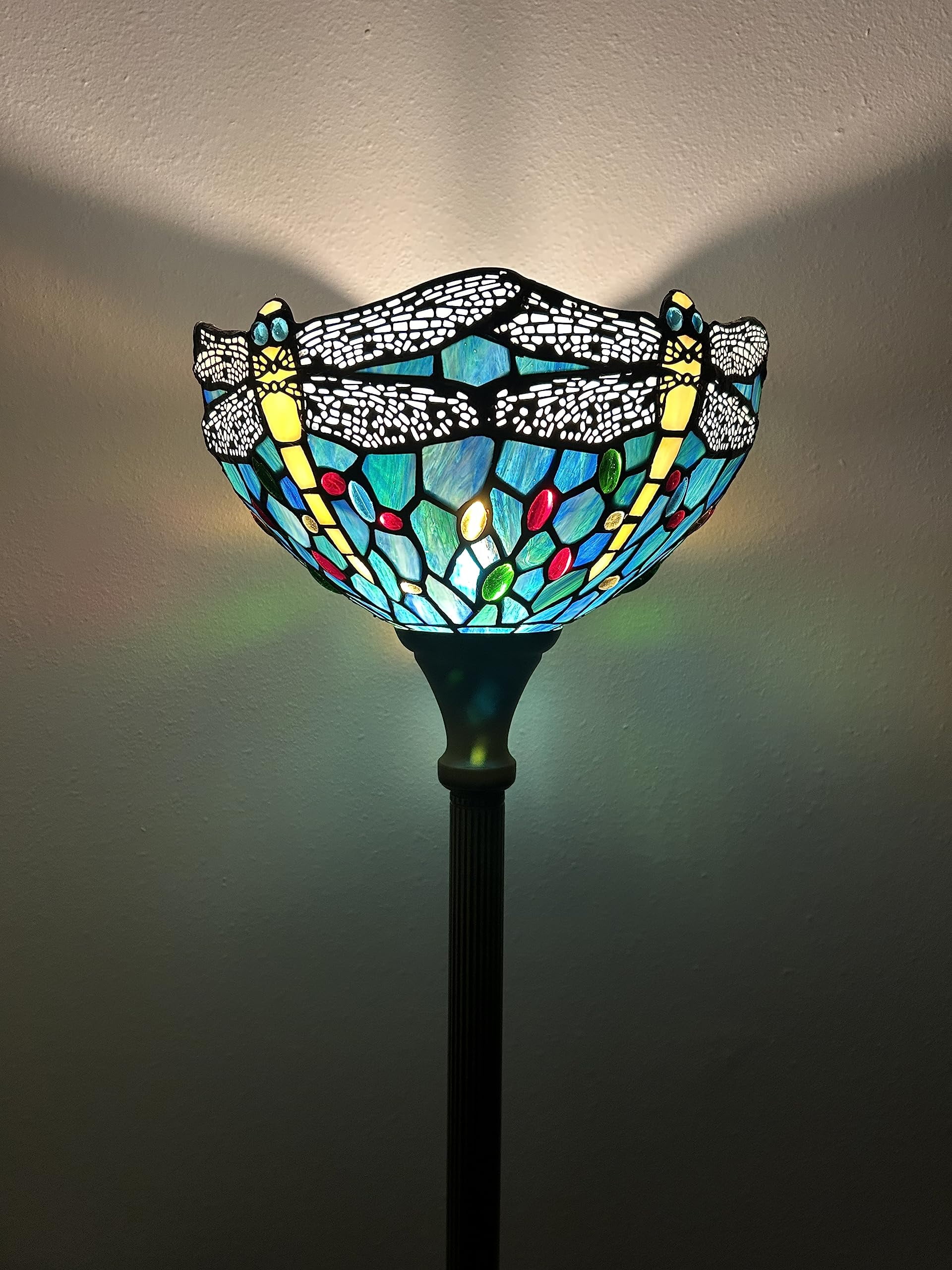 Tiffany Torch Floor Lamp Dragonfly Green Blue Stained Glass LED Bulb Included for Living Room Dining Room Bedroom Office Hotel 12"W*12"D*66"H