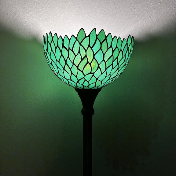 Tiffany Torch Floor Lamp Green Leaves Stained Glass LED Bulb Included for Living Room Dining Room Bedroom Office Hotel 12"W*12"D*66"H
