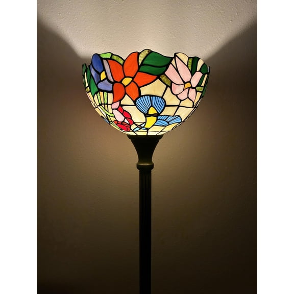 Tiffany Torch Floor Lamp Orange Green Stained Glass Hummingbird Flowers LED Bulb Included For Living Room Dining Room Bedroom 12"W*12"D*66"H
