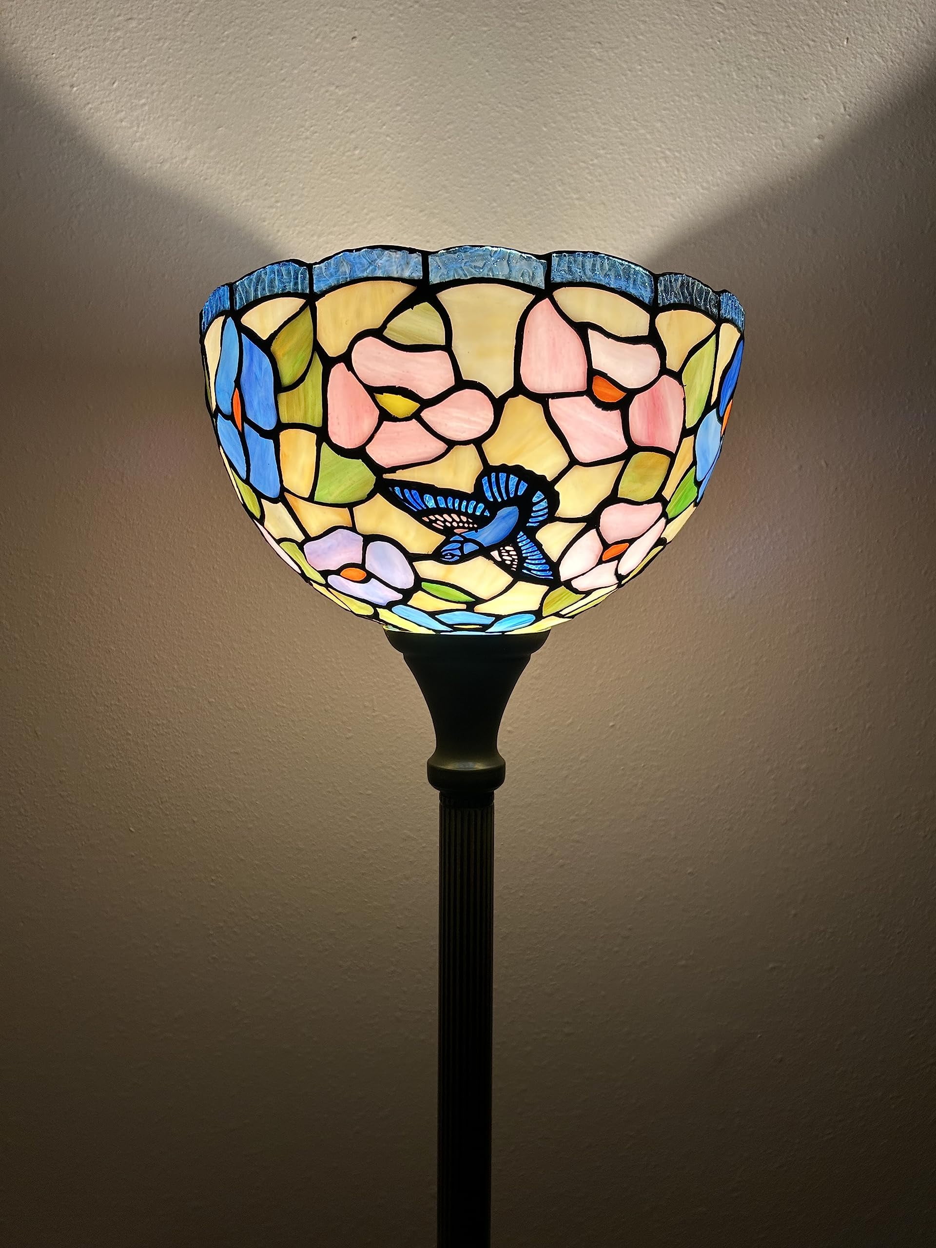Tiffany Torch Floor Lamp Pick Blue Stained Glass Hummingbird Flowers for Living Room Dining Room Bedroom 12"W*12"D*66"H