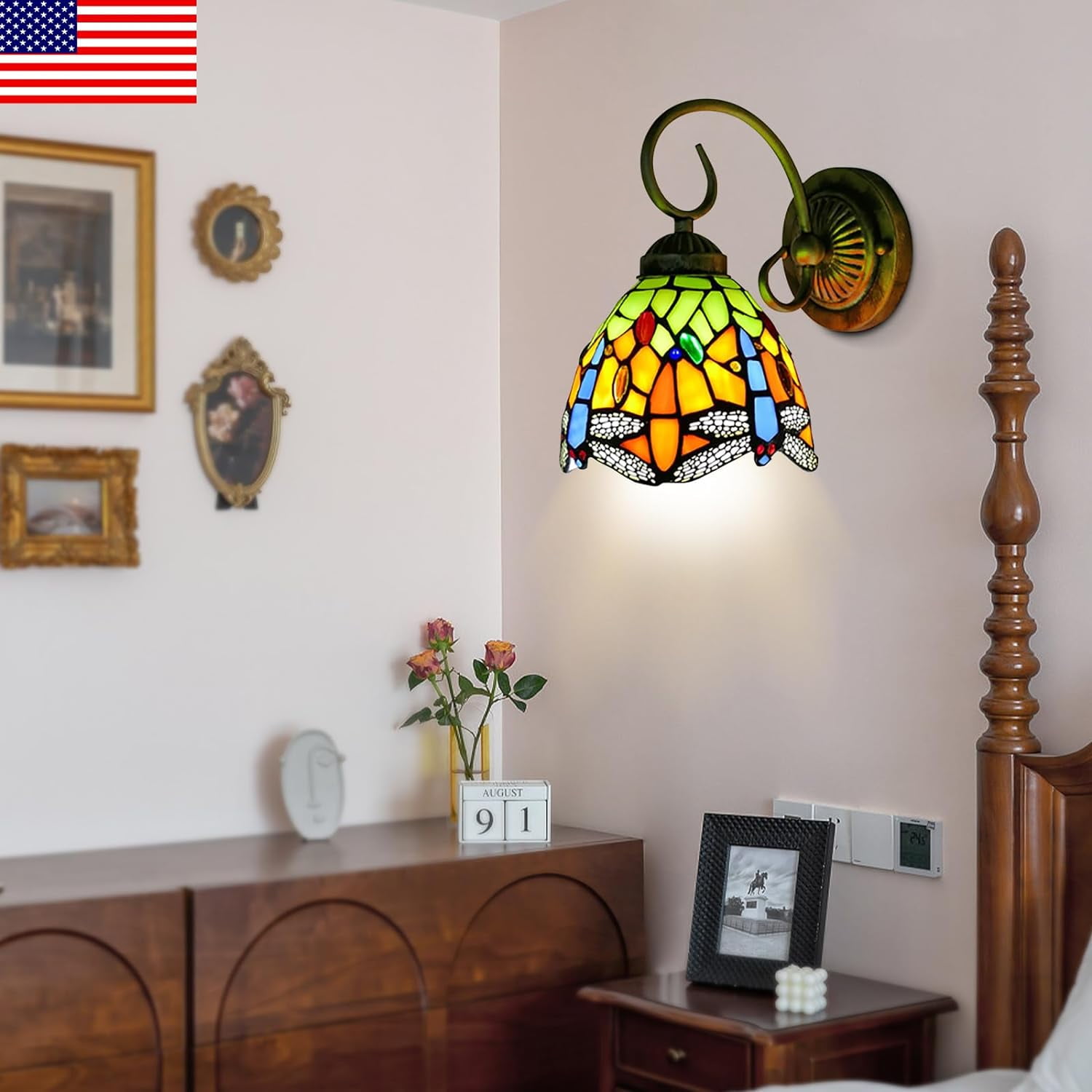 Tiffany Wall Lamp Decorative Sconces, 60W Single Head Stained Glass Corridor Light Dragonfly Mirror Front Lamp E27 110V Gallery Wall Lights Passage Hallway Light for Staircase Bedroom Hotel