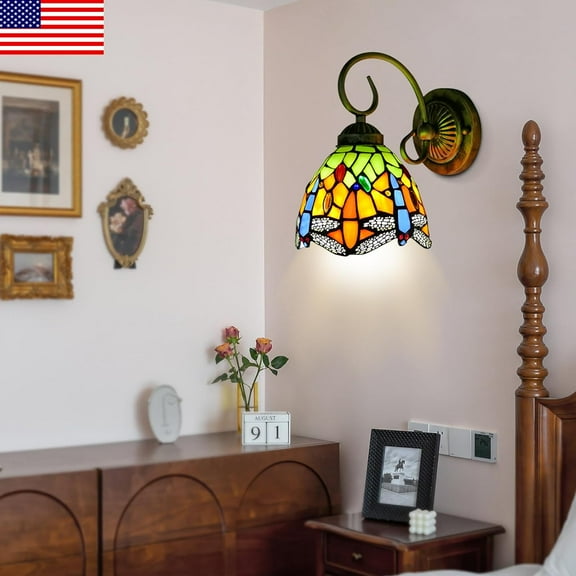 Tiffany Wall Lamp Decorative Sconces, 60W Single Head Stained Glass Corridor Light Dragonfly Mirror Front Lamp E27 110V Gallery Wall Lights Passage Hallway Light for Staircase Bedroom Hotel