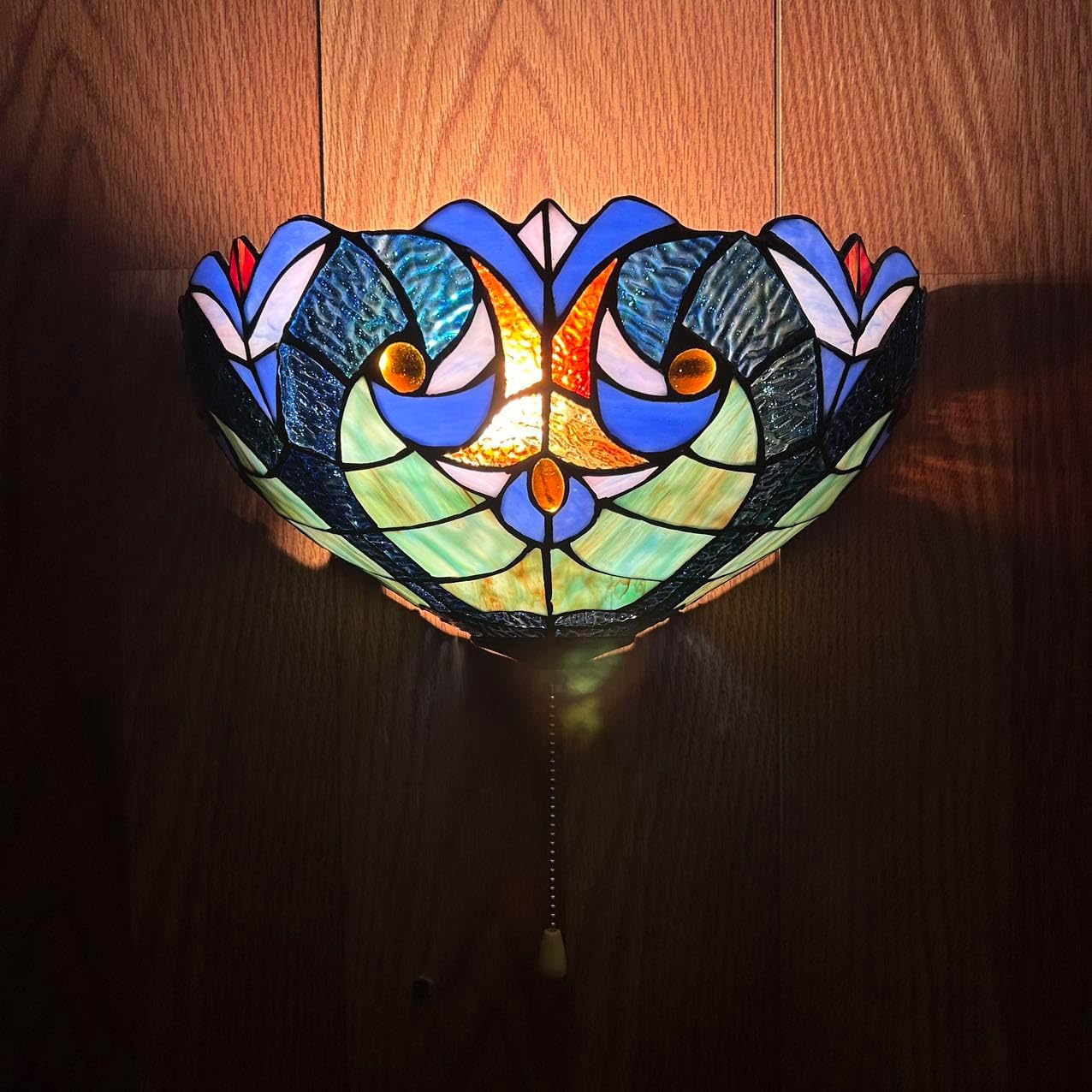 Tiffany Wall Sconces Half Moon Blue Green Stained Glass Pull Chain