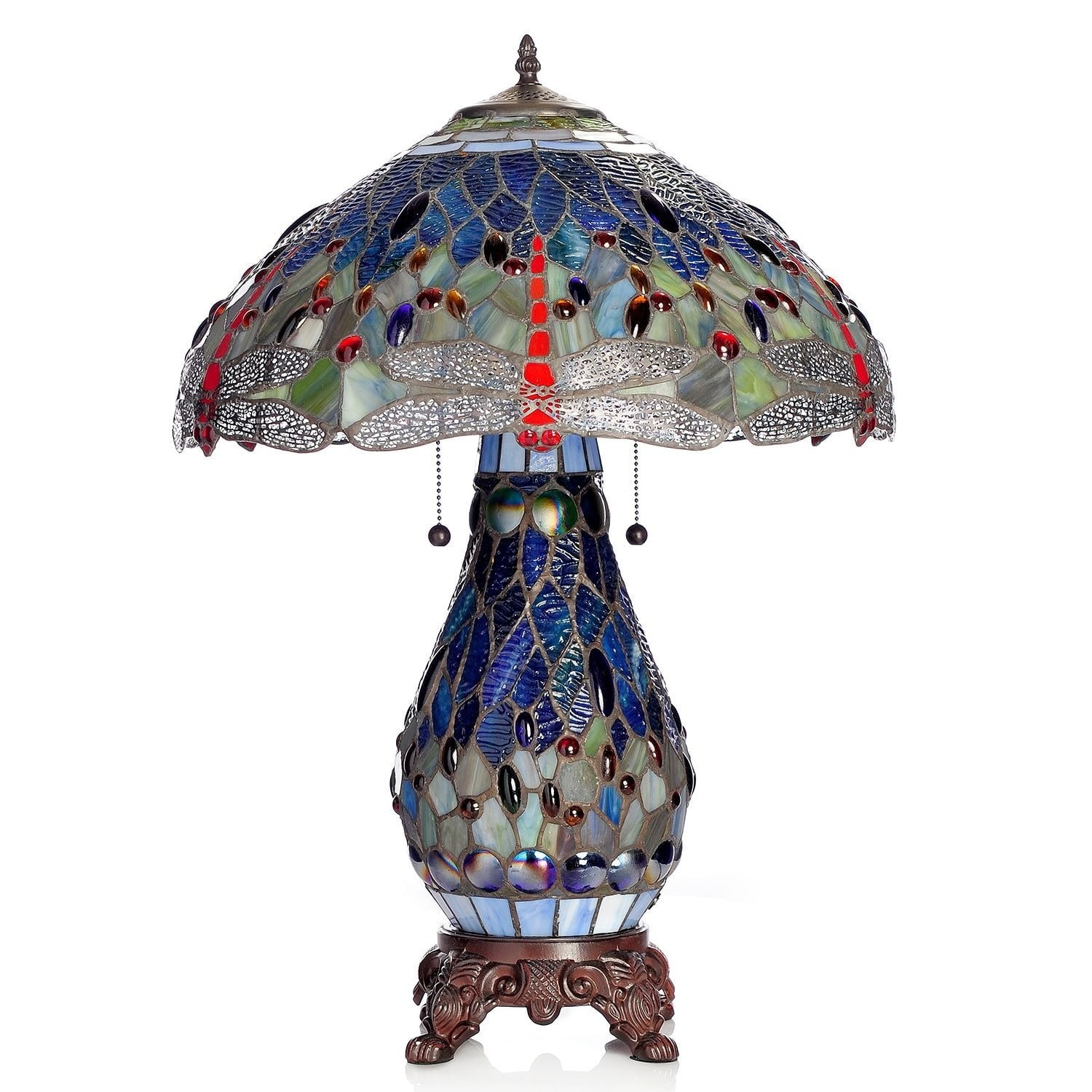 Antique Brass Blue Stained Glass Dragonfly Table Lamp Set