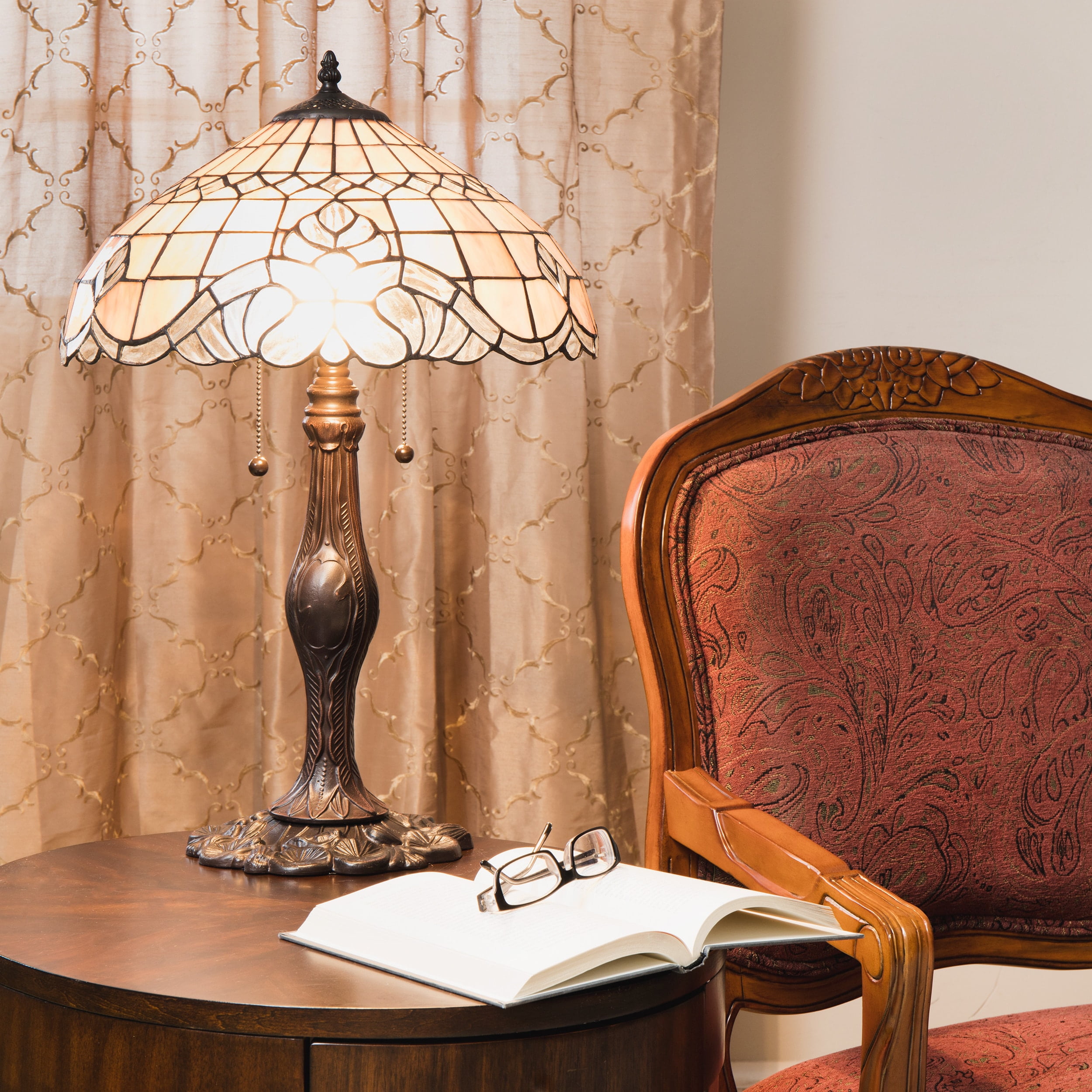Pearl White Stained Glass and Bronze Table Lamp Set