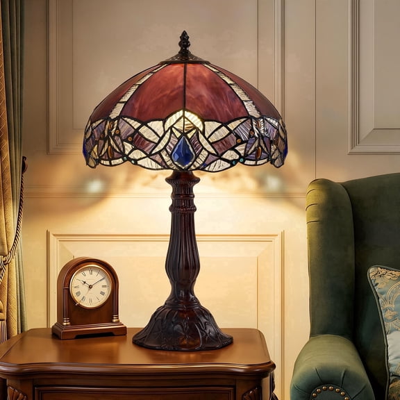 18.2" Stained Glass Table Lamp with LED Bulb – ON/OFF Switch, Handmade Art Deco Lighting for Bedroom, Living Room, Office