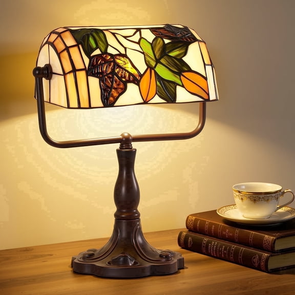 VIXNORYT Stained Glass Bankers Lamp with Tiffany-style Shade, Indoor Desk Light, Push On/Off Switch, LED Bulb