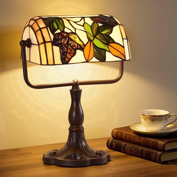 Stained Glass Bankers Lamp,Inline On/Off Switch E26 Base with LED Bulb for Bedroom Living room Desk