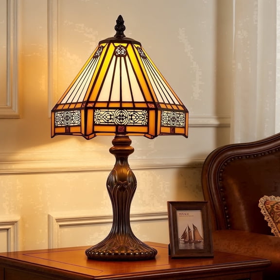 VIXNORYT Tiffany-style Stained Glass Table Lamp, Nightstand Lamp, Bedside Desk Lamp for Bedroom, Orange/White Shade