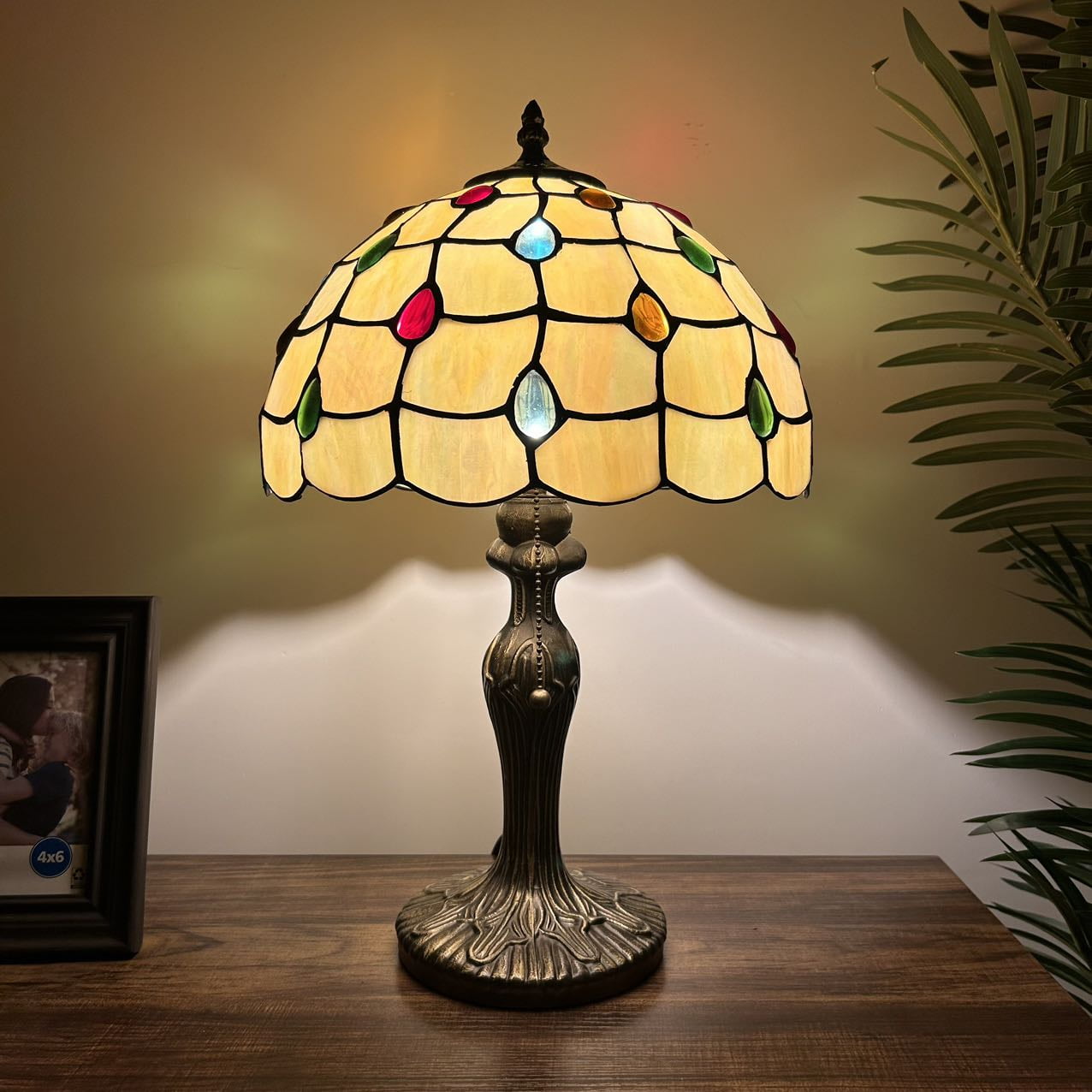 TiffanyTable Lamp Gold Stained Glass Crystal Beans LED Bulb Included For Living Room Bedroom Bedside 12"W*12"D*19"H