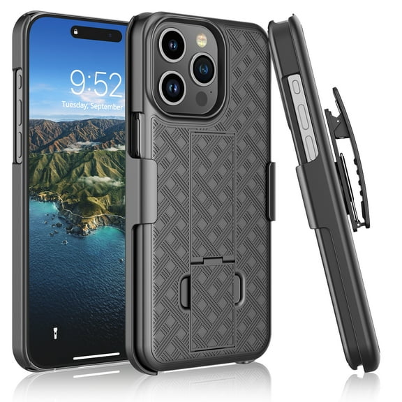 Tiflook For iPhone 15 6.1" Case Holster Clip [Tstraw] Hard Shell Kickstand Secure Locking Belt Swivel Carrying Cover Black