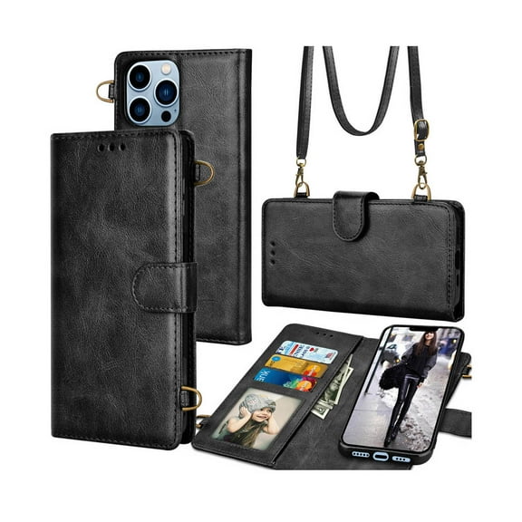 Tiflook Wallet Case Comaptible with iPhone 13 (6.1 inch) 2021,Crossbody Shoulder [RFID Blocking] Carrying Purse Card Slots Holder Flip PU Leather Cover [Detachable Magnetic Hard Case] - Black