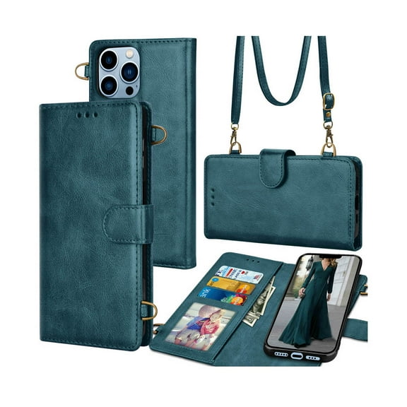 Tiflook Wallet Case Comaptible with iPhone 13 Pro (6.1 inch) 2021,Crossbody Shoulder [RFID Blocking] Carrying Purse Card Slots Holder Flip PU Leather Cover [Detachable Magnetic Hard Case] - Dark Green