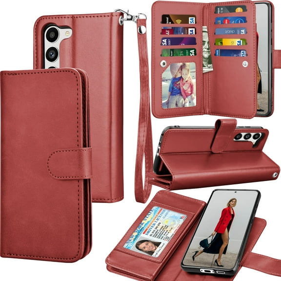 Tiflook Wallet Case For Samsung Galaxy S23 (6.1-inch) SM-S911 Card Slots Holder Carrying Flip PU Leather Cover [Detachable Magnetic Hard Case] Red