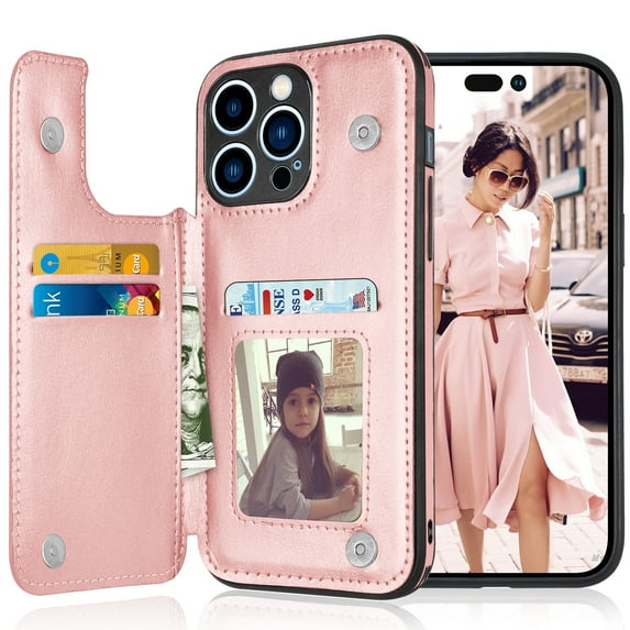 Tiflook Wallet Case For iPhone 14 Plus (6.7 inch) 2022 Minimalist PU Leather Card Holder Flip Cover Rose Gold