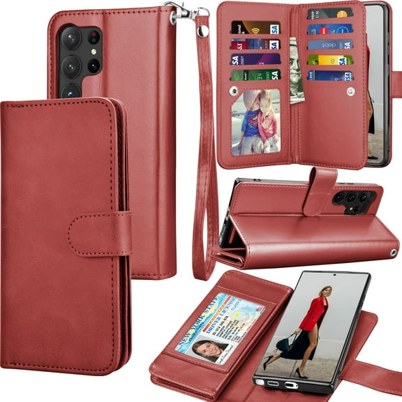 Tiflook Wallet Case For Samsung Galaxy S23 Ultra (6.8-inch) SM-S918 Card Slots Holder Carrying Flip PU Leather Cover [Detachable Magnetic Hard Case] Red