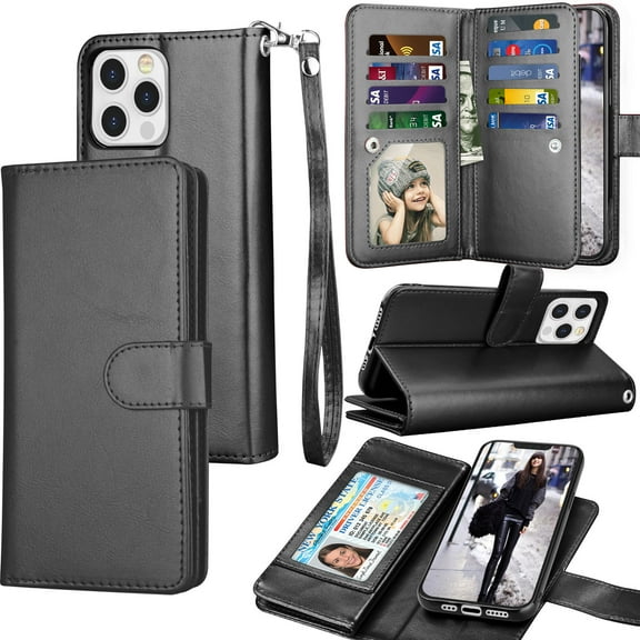Tiflook Wallet Case For iPhone 13 Pro (6.1 inch) 2021 Luxury ID Cash Credit Card Slots Holder Carrying Pouch Folio Flip PU Leather Cover [Detachable Magnetic Hard Case] - Black