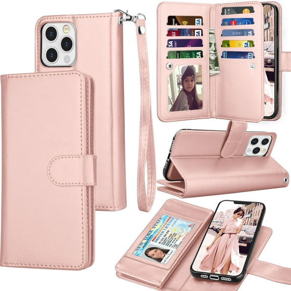 Tiflook Wallet Case For iPhone 13 Pro Max (6.7 inch) 2021 Luxury ID Cash Credit Card Slots Holder Carrying Pouch Folio Flip PU Leather Cover [Detachable Magnetic Hard Case] Lanyard - Rose Gold